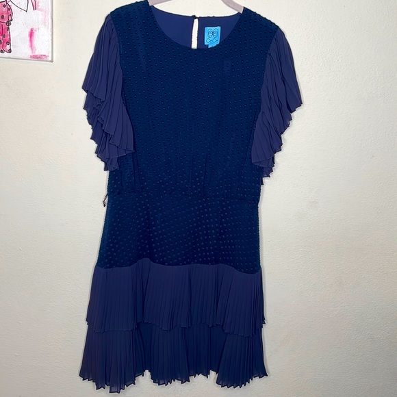CeCe navy blue flutter sleeve, layered, knife pleated, clipdot dress, size 12 - Picture 2 of 9